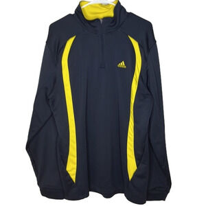 ADIDAS 1/4 zip shirt navy blue and yellow trim, size large in good condition